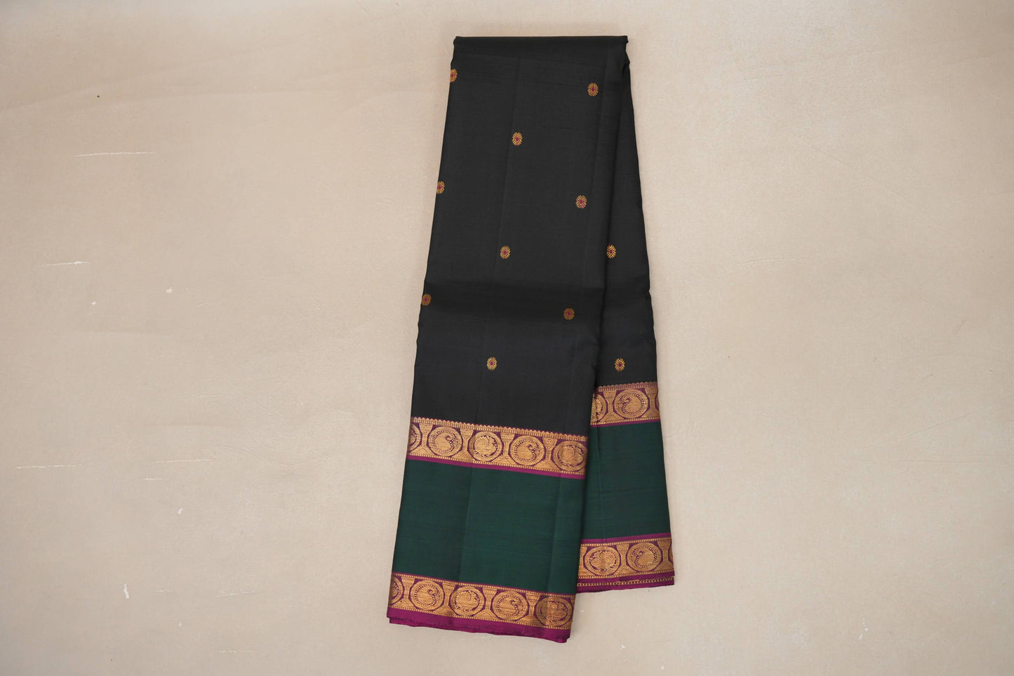 Black with Dark Forest Green Borders and Magenta Selvedge Vintage Kanjivaram Silk Saree SS8914