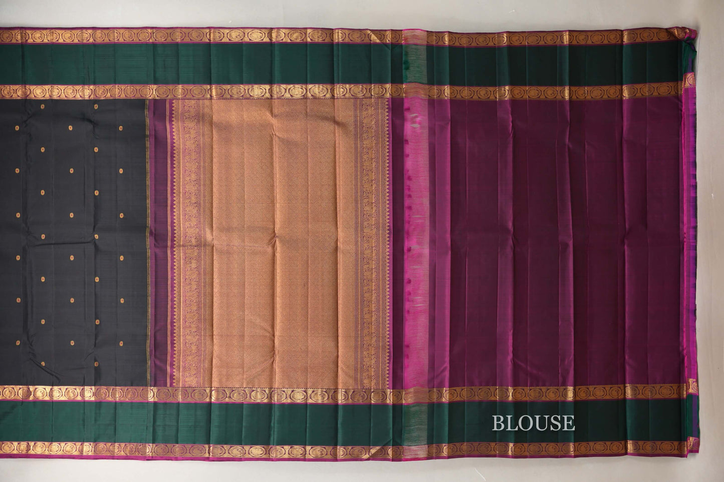 Black with Dark Forest Green Borders and Magenta Selvedge Vintage Kanjivaram Silk Saree SS8914