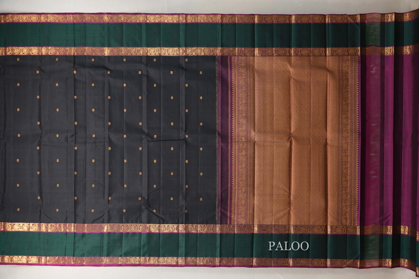 Black with Dark Forest Green Borders and Magenta Selvedge Vintage Kanjivaram Silk Saree SS8914