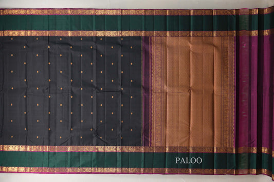 Black with Dark Forest Green Borders and Magenta Selvedge Vintage Kanjivaram Silk Saree SS8914