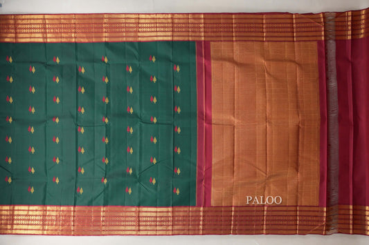 Deep Leaf Green with Multi Color Borders Vintage Kanjivaram Silk Saree SS8915