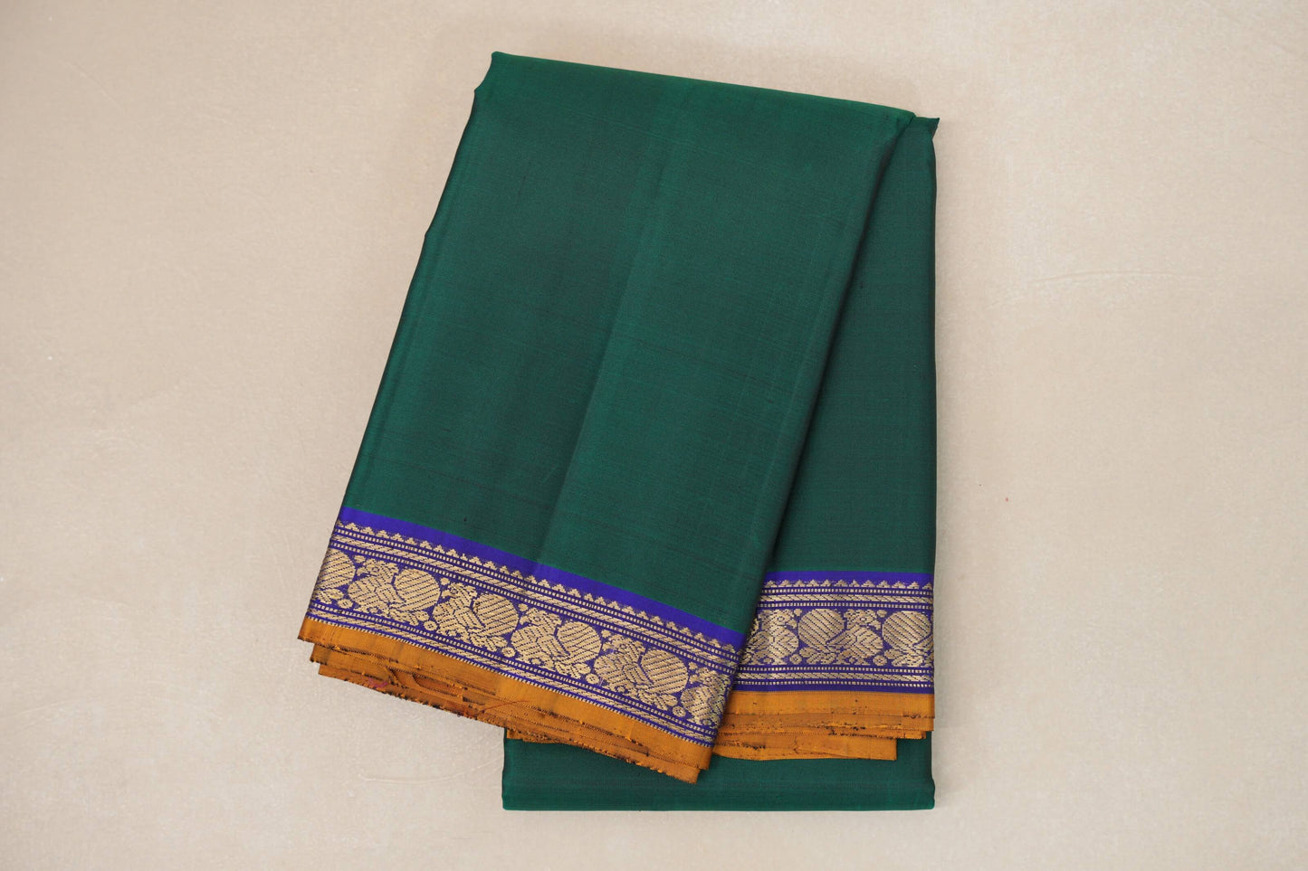 Dark Green with Royal Blue Borders and Mustard Selvedge Vintage Kanjivaram Silk Saree SS8920