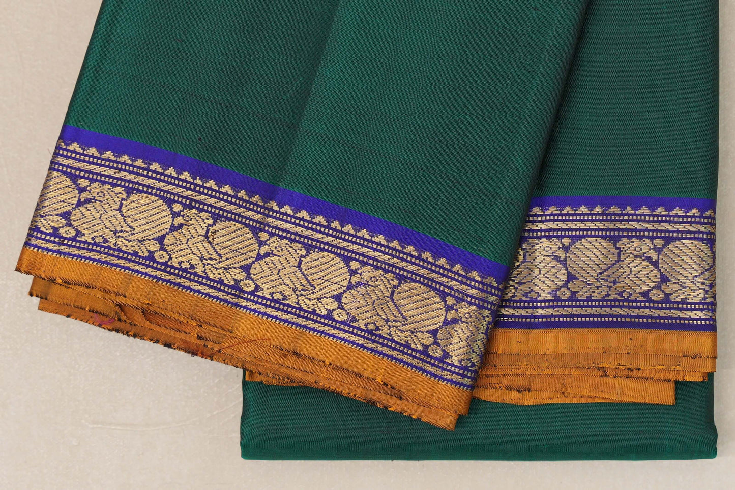 Dark Green with Royal Blue Borders and Mustard Selvedge Vintage Kanjivaram Silk Saree SS8920