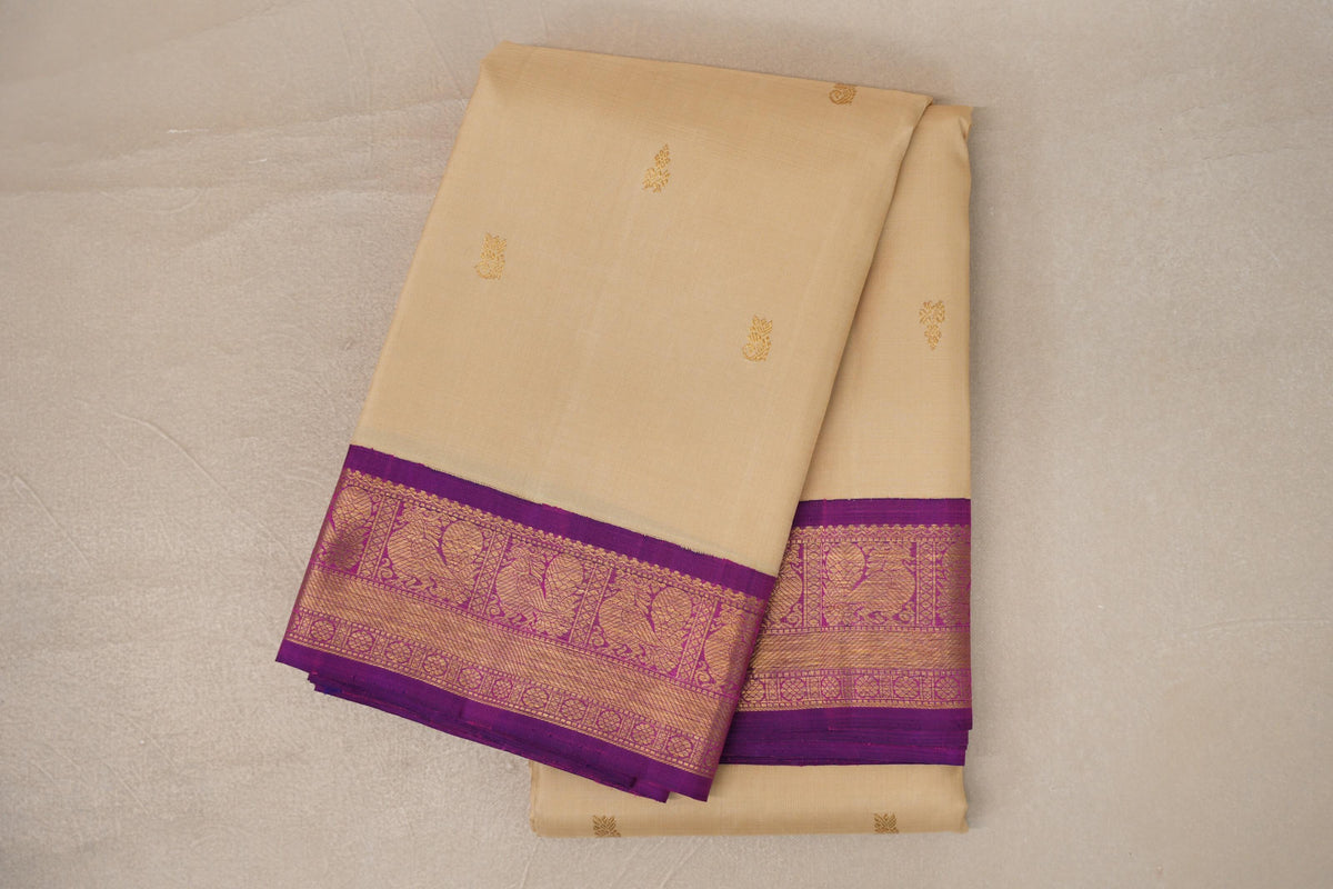 Cream Beige with Dual Tone of Magenta & Blue Borders Vintage Kanjivaram Silk Saree