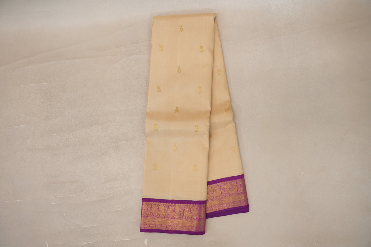 Online Cream Beige with Dual Tone of Magenta & Blue Borders Vintage Kanjivaram Silk Saree