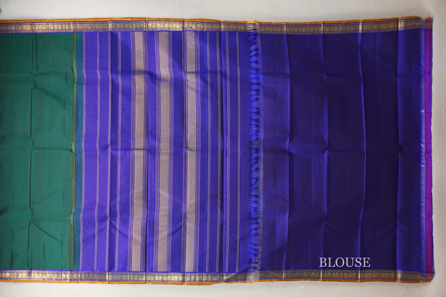 Dark Green with Royal Blue Borders and Mustard Selvedge Vintage Kanjivaram Silk Saree SS8920