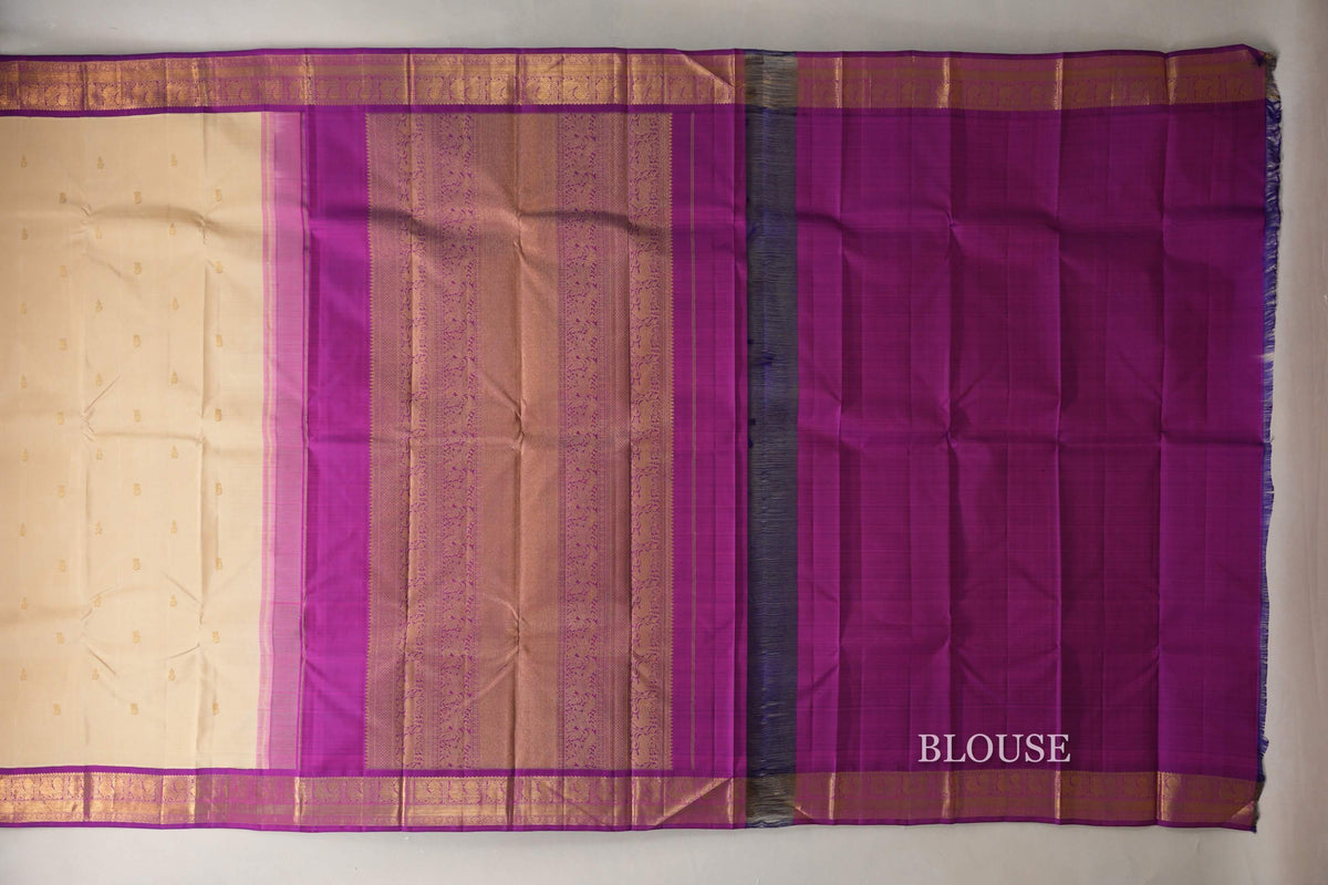 Cream Beige with Dual Tone of Magenta & Blue Borders Vintage Kanjivaram Silk Saree blouse