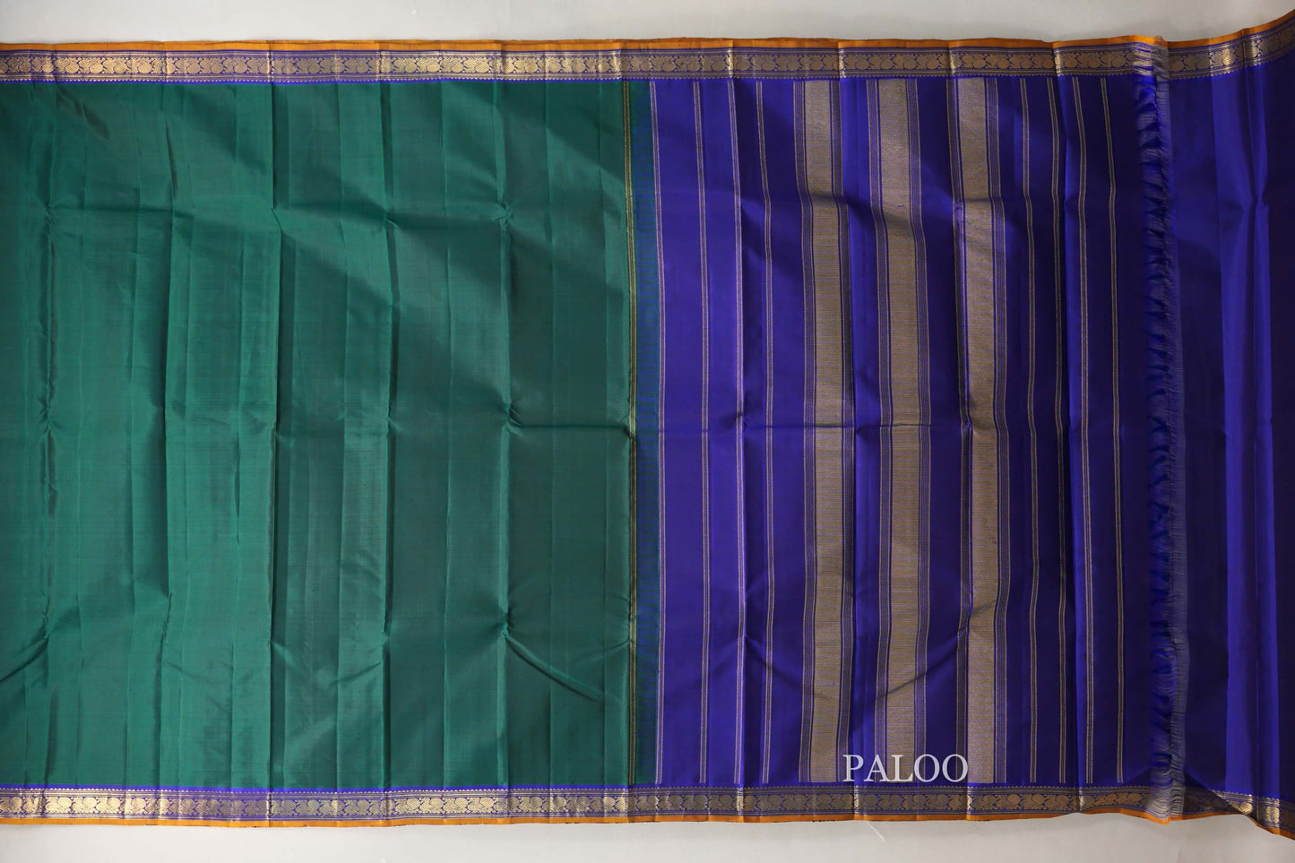 Dark Green with Royal Blue Borders and Mustard Selvedge Vintage Kanjivaram Silk Saree SS8920