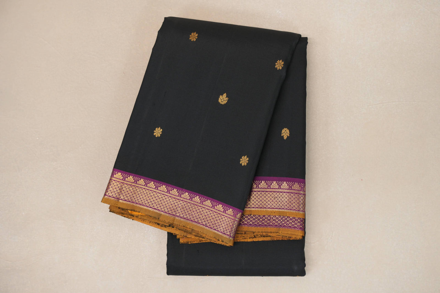 Black with Magenta Purple Borders and Mustard Gold Selvedge Vintage Kanjivaram Silk Saree SS8921