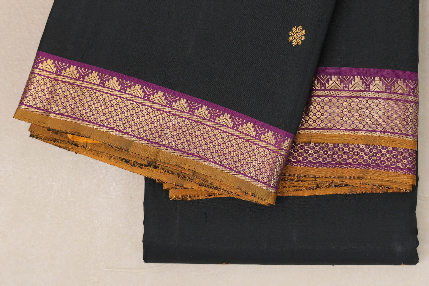 Black with Magenta Purple Borders and Mustard Gold Selvedge Vintage Kanjivaram Silk Saree SS8921