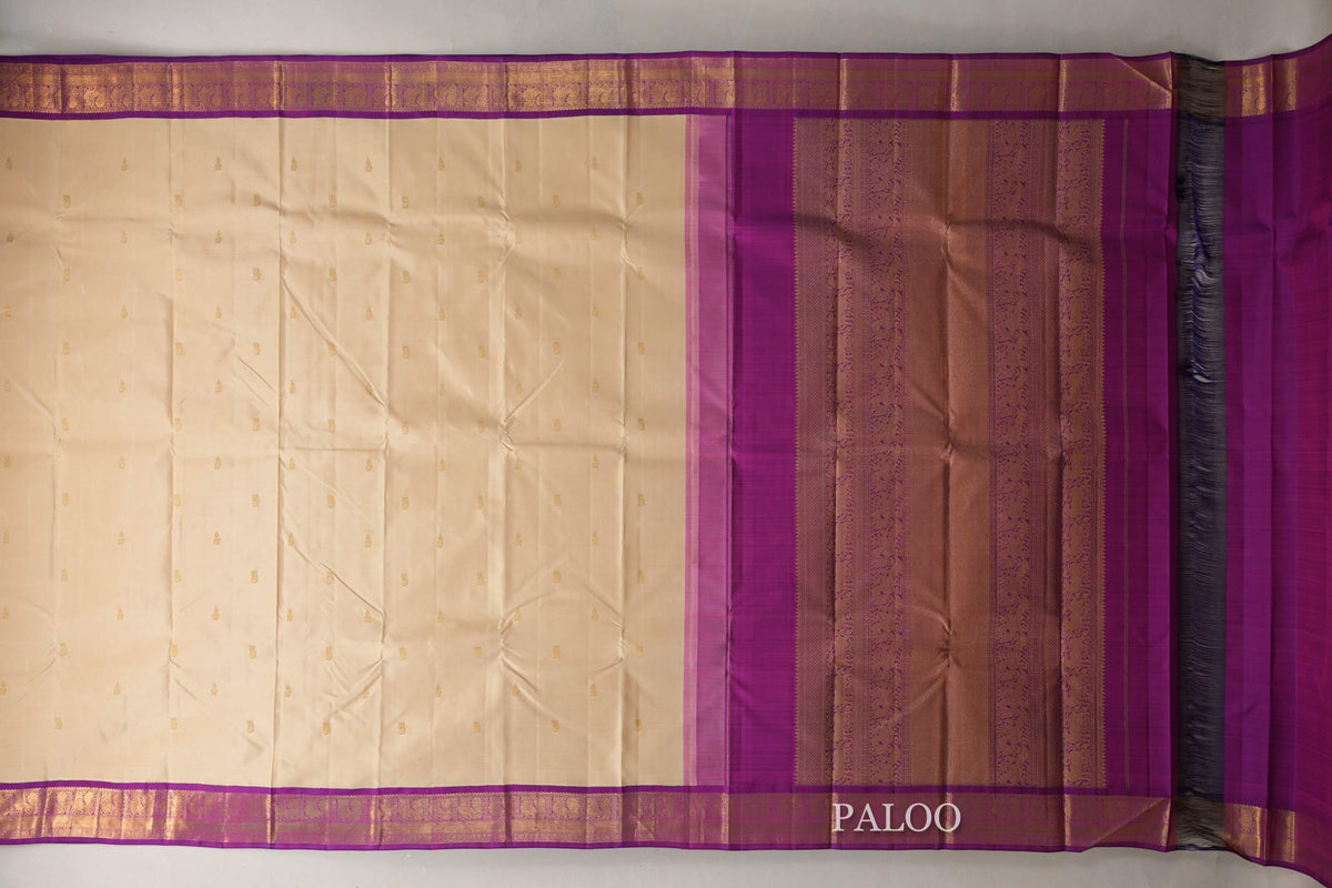 Cream Beige with Dual Tone of Magenta & Blue Borders Vintage Kanjivaram Silk Saree paloo