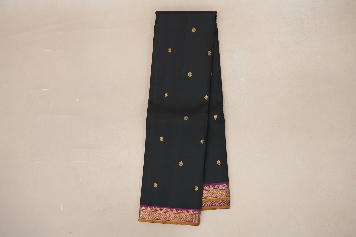 Black with Magenta Purple Borders and Mustard Gold Selvedge Vintage Kanjivaram Silk Saree SS8921