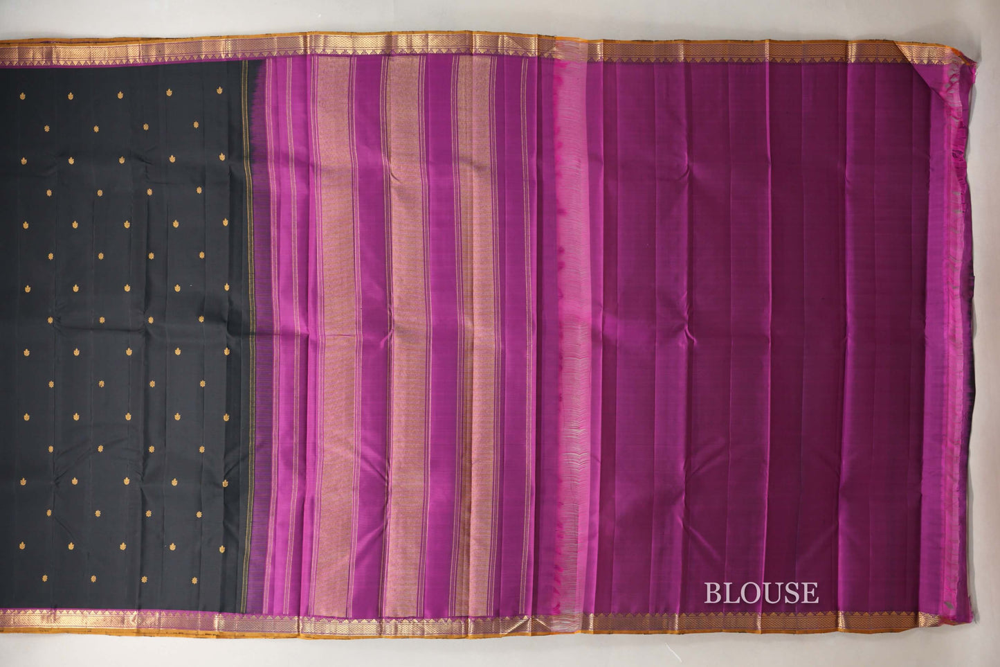 Black with Magenta Purple Borders and Mustard Gold Selvedge Vintage Kanjivaram Silk Saree SS8921