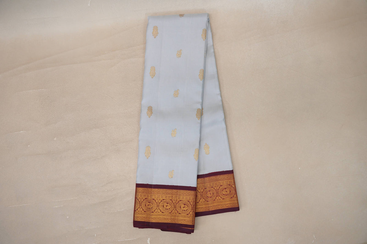 Online Light Grey Blue with Deep Maroon Borders Vintage Kanjivaram Silk Saree