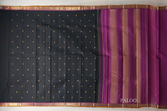 Black with Magenta Purple Borders and Mustard Gold Selvedge Vintage Kanjivaram Silk Saree SS8921