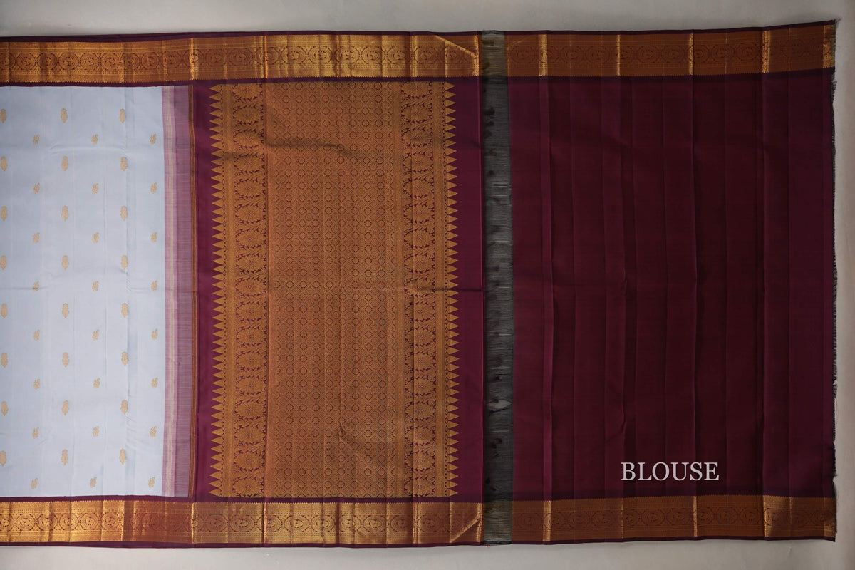 Light Grey Blue with Deep Maroon Borders Vintage Kanjivaram Silk Saree blouse