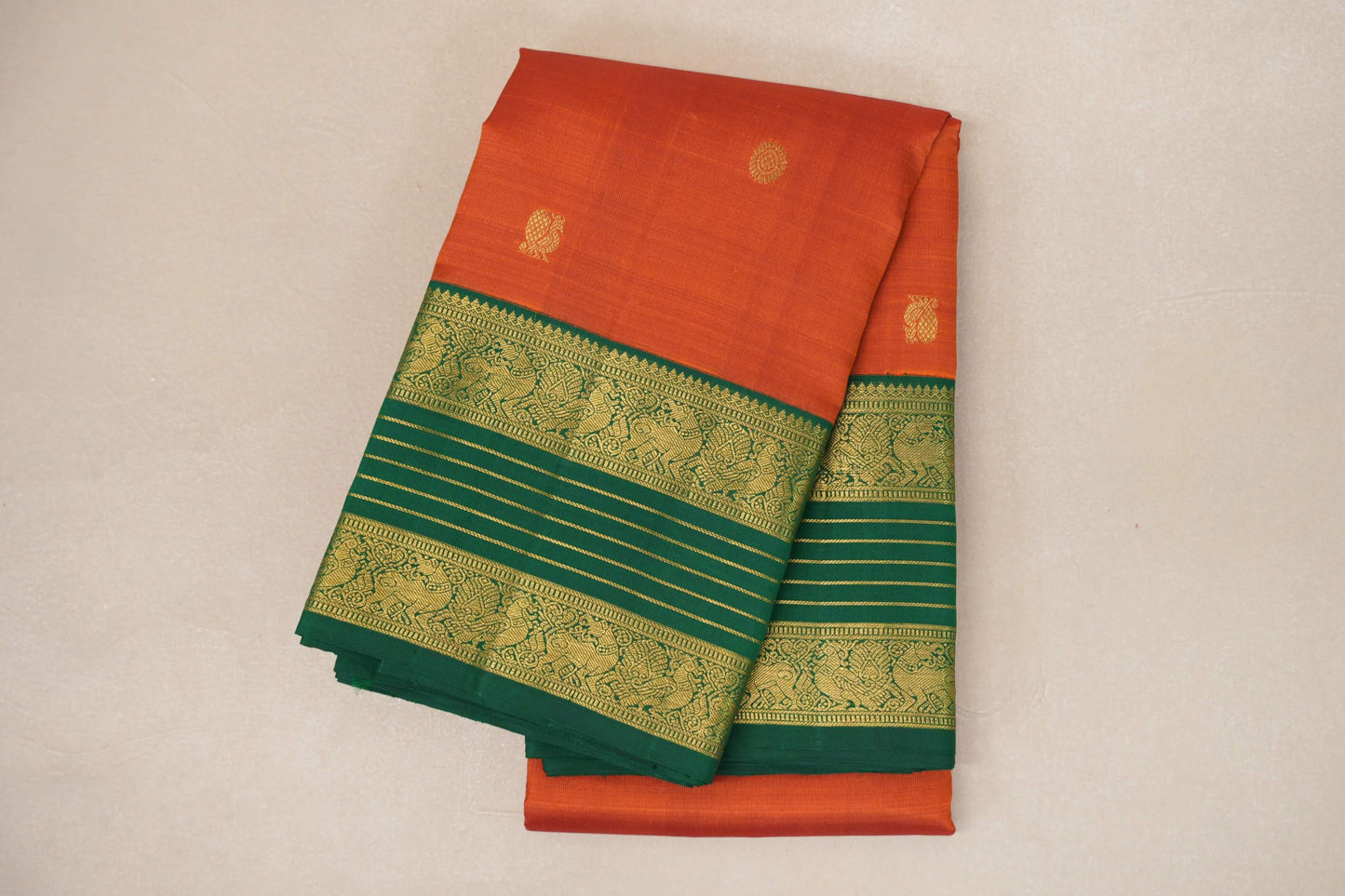 Burnt Orange with Emerald Green Borders Vintage Kanjivaram Silk Saree SS8922