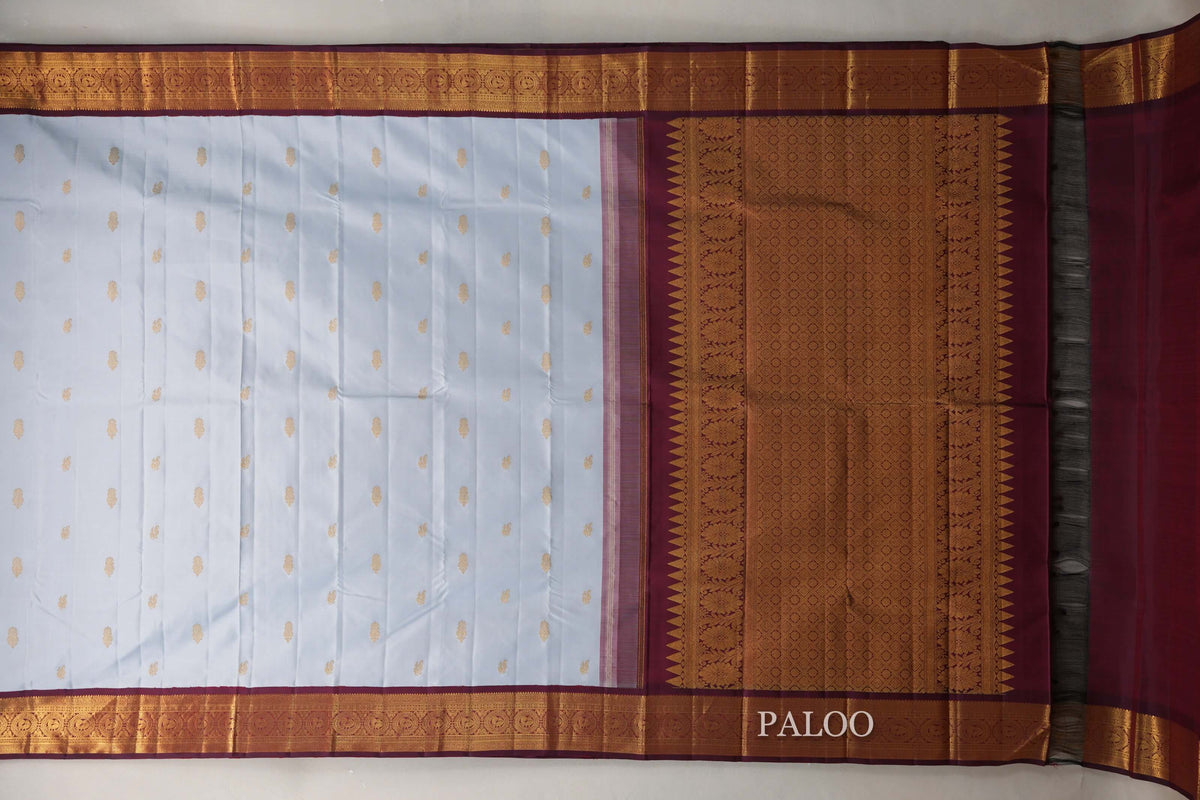 Light Grey Blue with Deep Maroon Borders Vintage Kanjivaram Silk Saree paloo