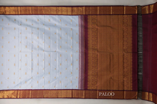 Light Grey Blue with Deep Maroon Borders Vintage Kanjivaram Silk Saree paloo