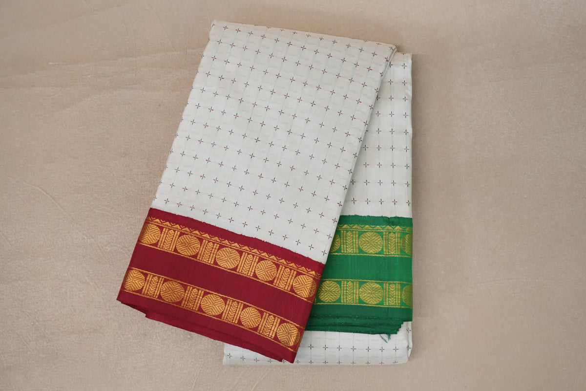 Off White with Reddish Maroon/ Emerald Green Borders Vintage Kanjivaram Silk Saree