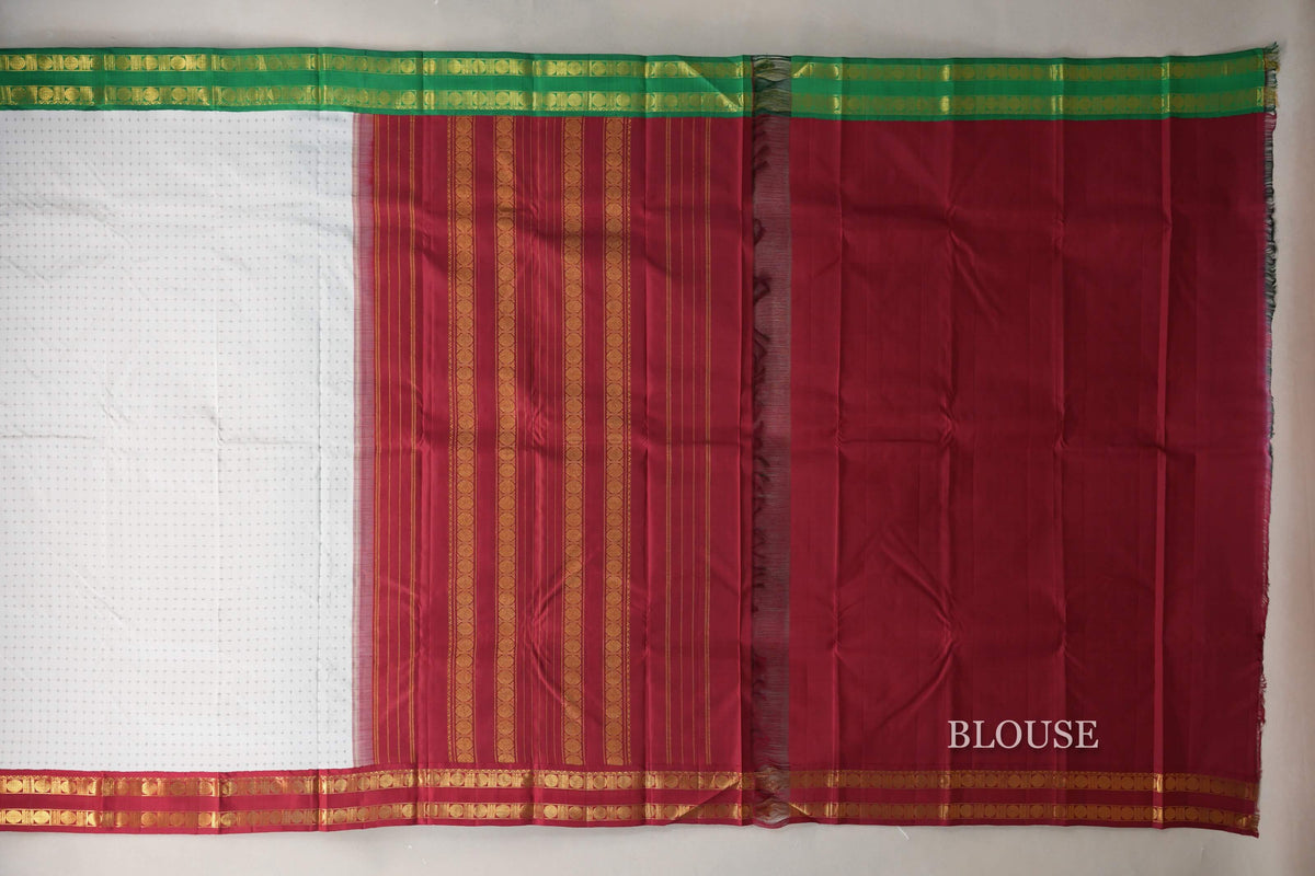 Off White with Reddish Maroon/ Emerald Green Borders Vintage Kanjivaram Silk Saree blouse