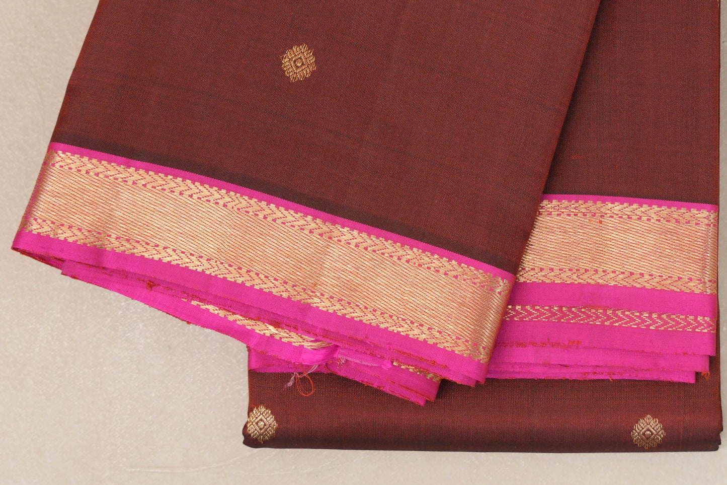 Reddish Brown with Hot Pink Borders Vintage Kanjivaram Silk Saree SS8923