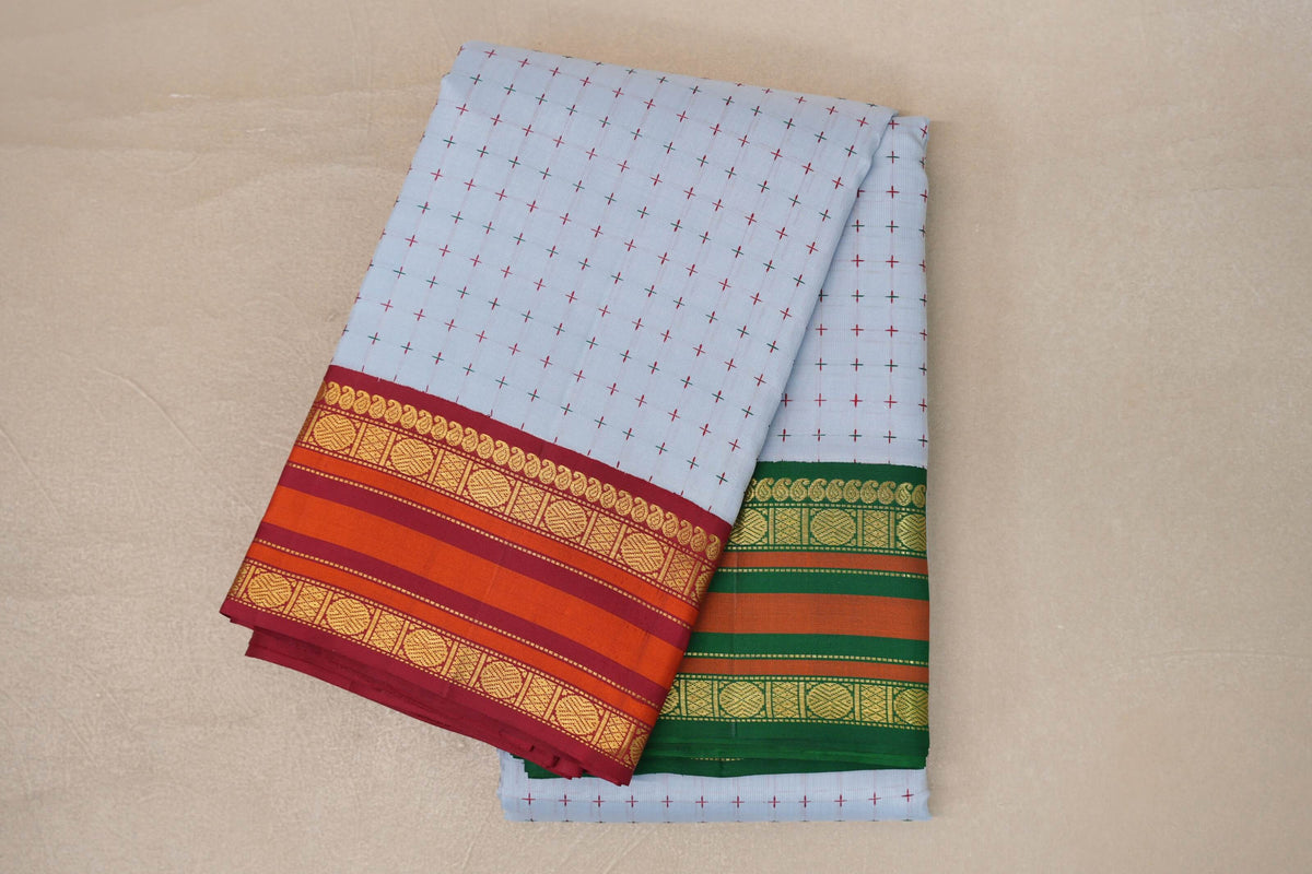 Powder blue with Reddish Maroon/ Emerald Green Borders Vintage Kanjivaram Silk Saree