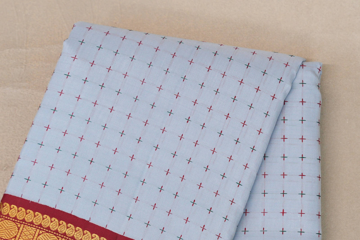 Powder blue with Reddish Maroon/ Emerald Green Borders Vintage Kanjivaram Silk Saree body