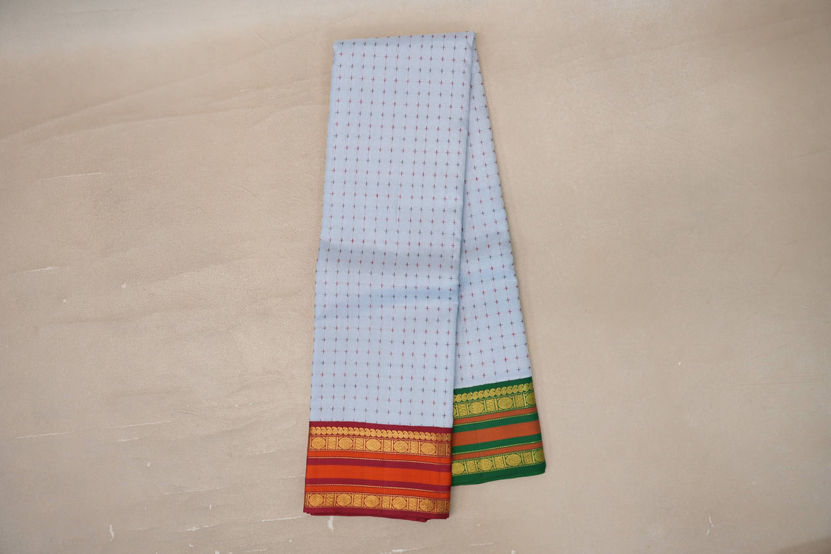Online Powder blue with Reddish Maroon/ Emerald Green Borders Vintage Kanjivaram Silk Saree