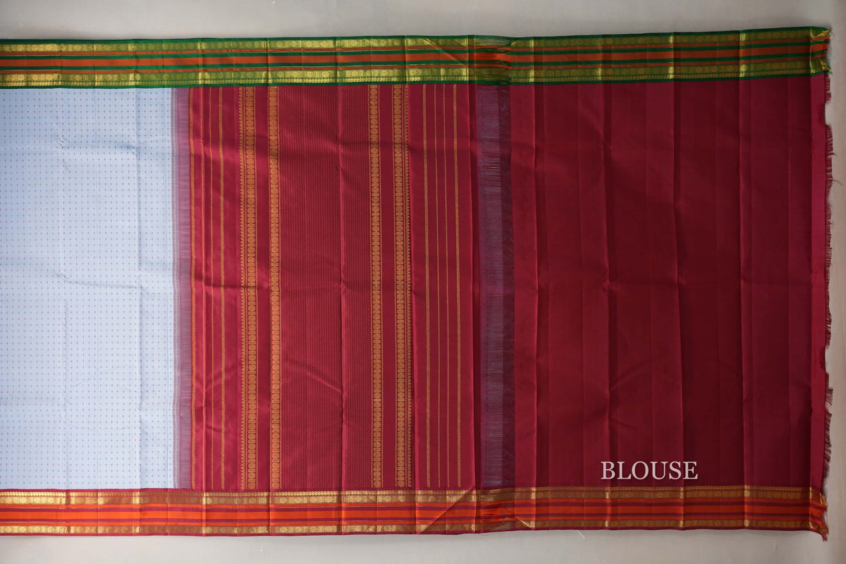 Powder blue with Reddish Maroon/ Emerald Green Borders Vintage Kanjivaram Silk Saree blouse