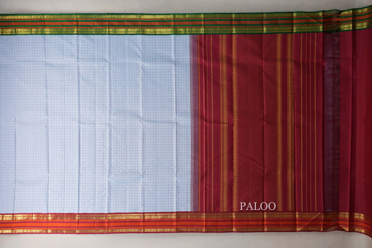 Powder blue with Reddish Maroon/ Emerald Green Borders Vintage Kanjivaram Silk Saree paloo