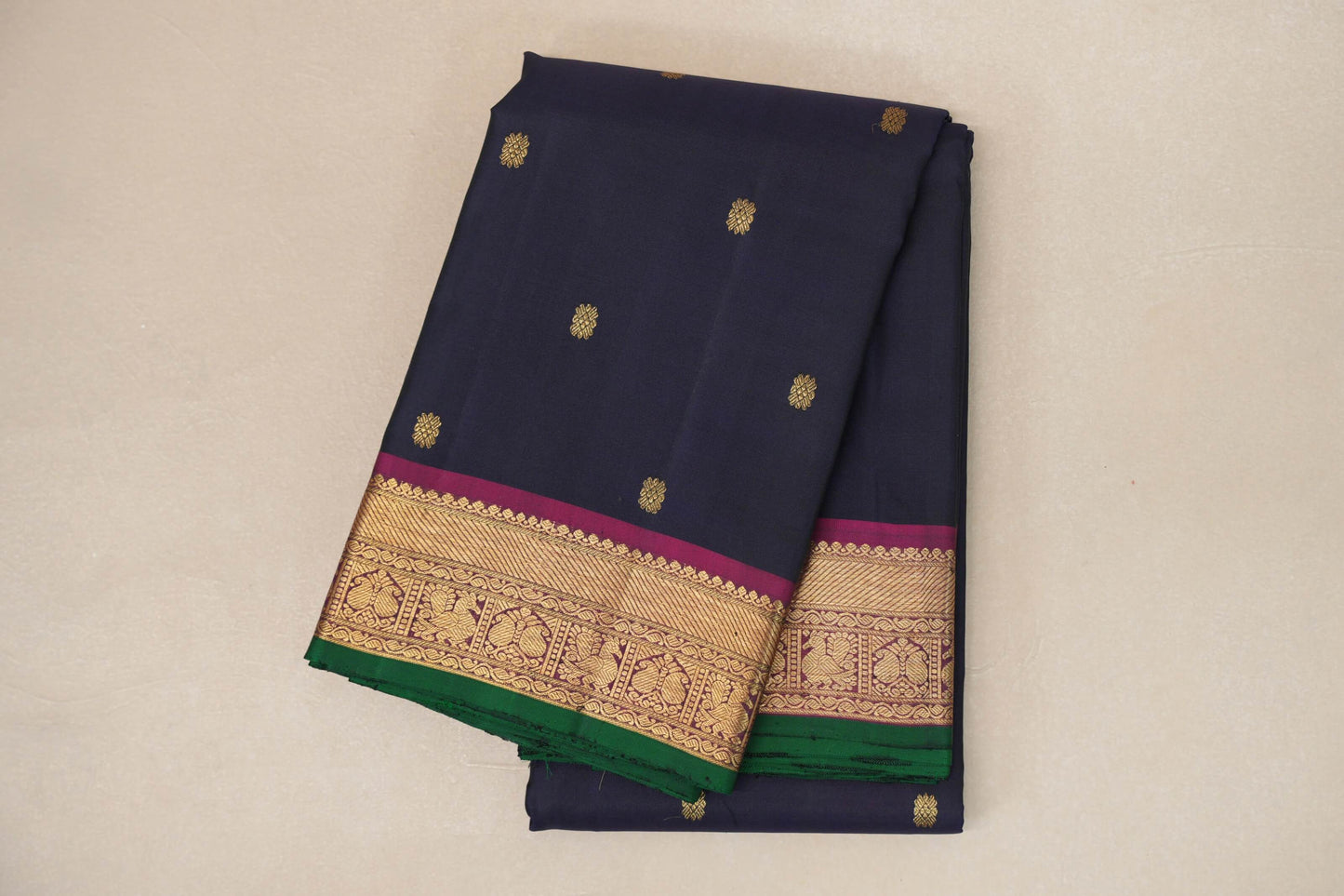 Navy Blue with Magenta Borders and Green Selvedge Vintage Kanjivaram Silk Saree SS8925