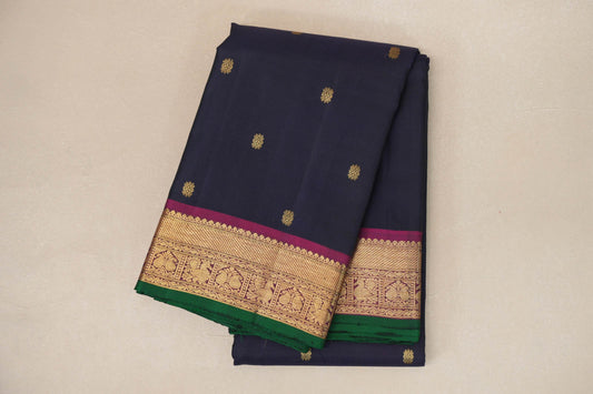 Navy Blue with Magenta Borders and Green Selvedge Vintage Kanjivaram Silk Saree SS8925