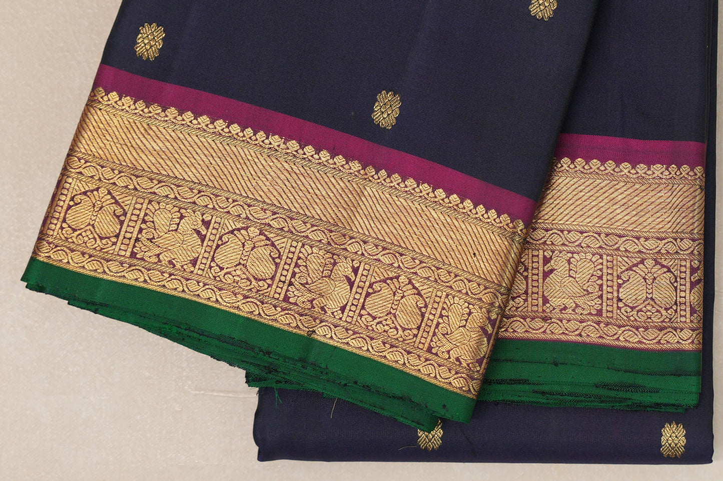 Navy Blue with Magenta Borders and Green Selvedge Vintage Kanjivaram Silk Saree SS8925