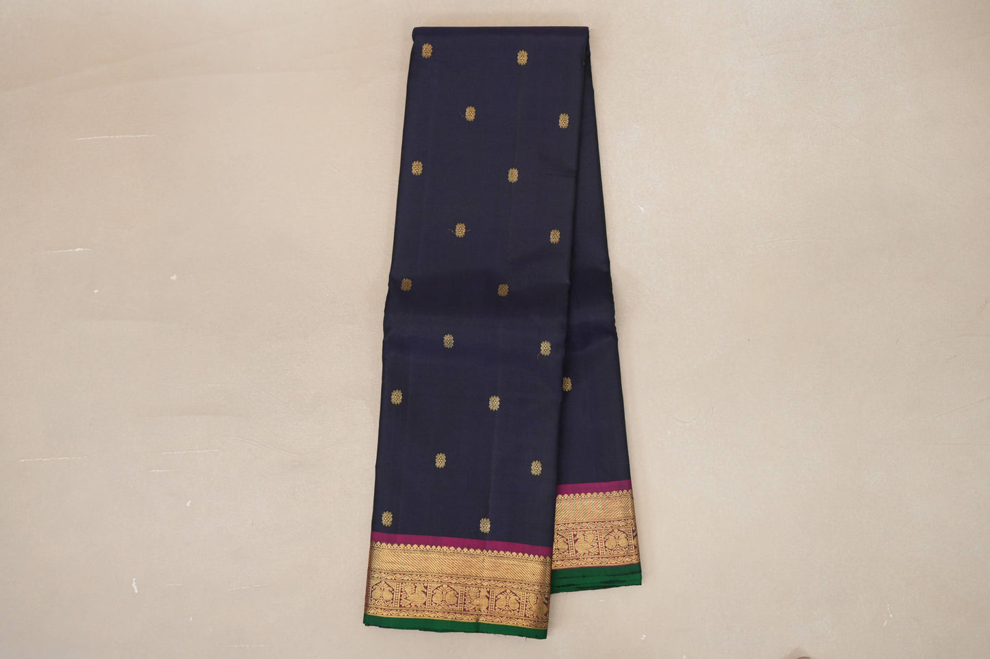 Navy Blue with Magenta Borders and Green Selvedge Vintage Kanjivaram Silk Saree SS8925