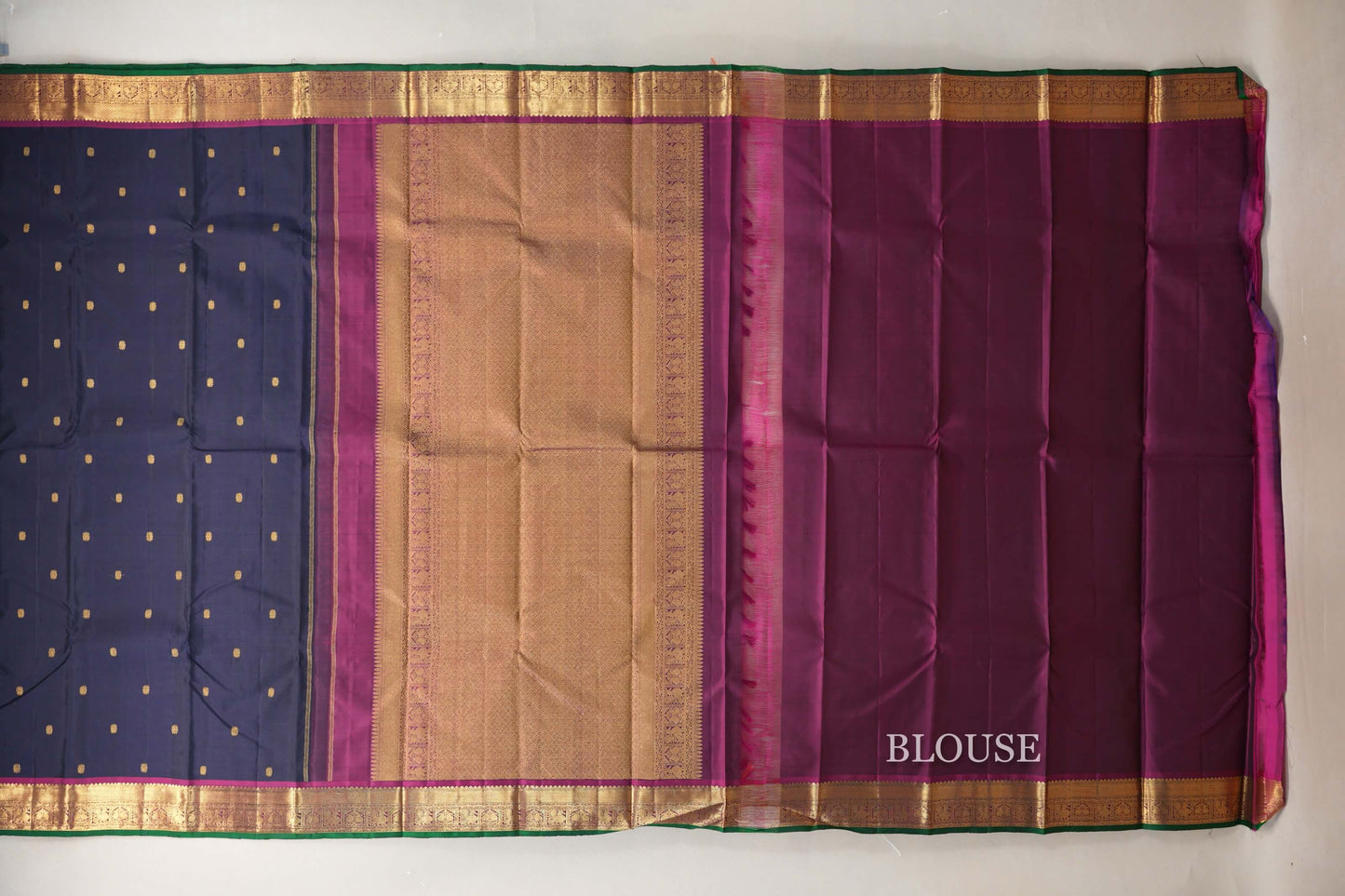 Navy Blue with Magenta Borders and Green Selvedge Vintage Kanjivaram Silk Saree SS8925