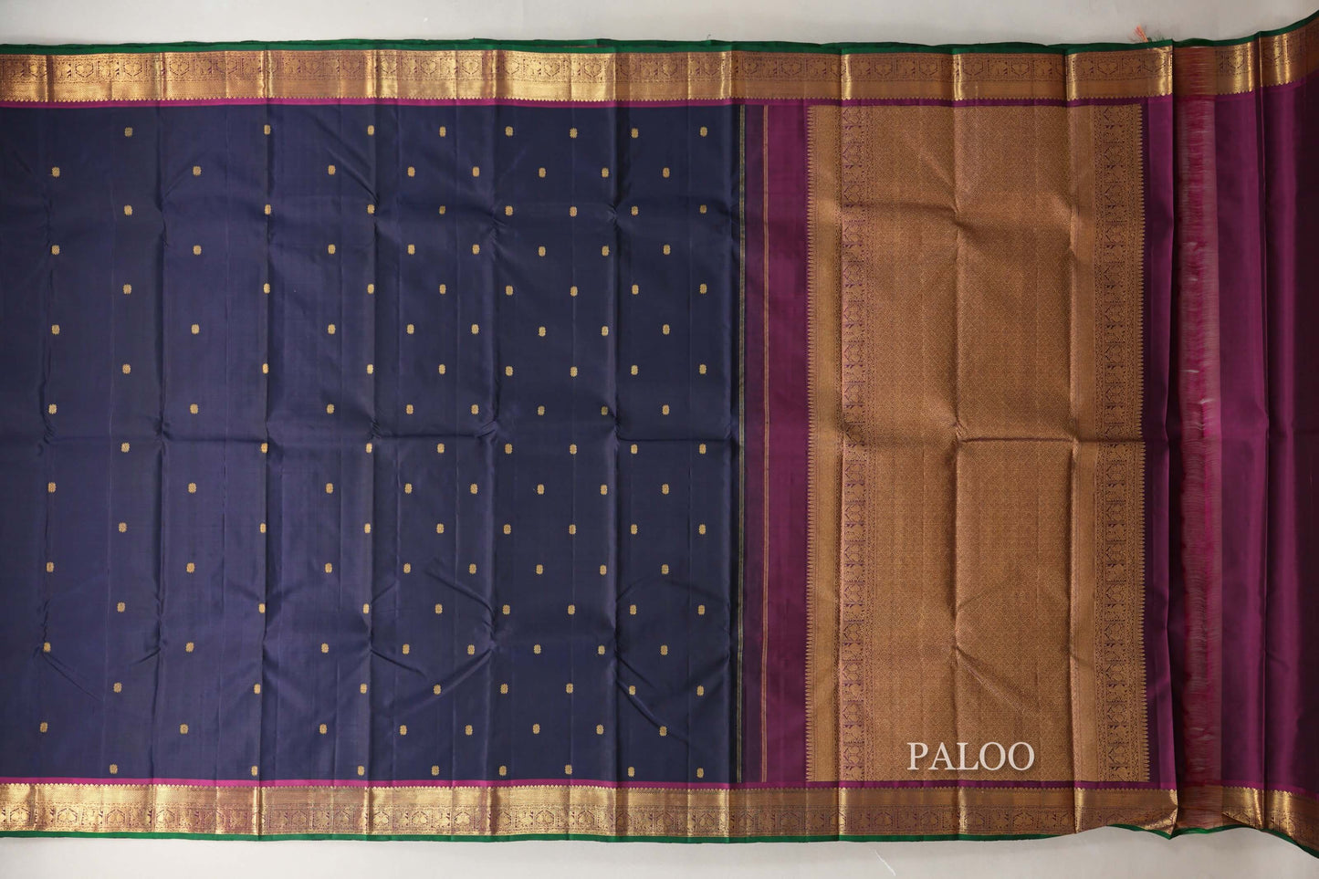 Navy Blue with Magenta Borders and Green Selvedge Vintage Kanjivaram Silk Saree SS8925