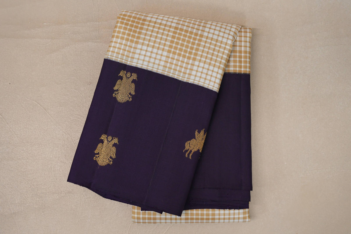 Cream & Warm Olive Green Checks with Deep Purple Borders Vintage Kanjivaram Silk Saree