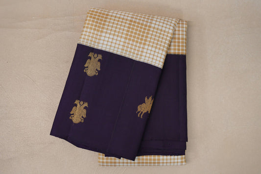 Cream & Warm Olive Green Checks with Deep Purple Borders Vintage Kanjivaram Silk Saree
