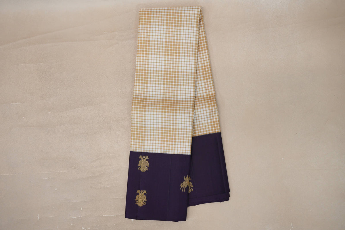 Online Cream & Warm Olive Green Checks with Deep Purple Borders Vintage Kanjivaram Silk Saree