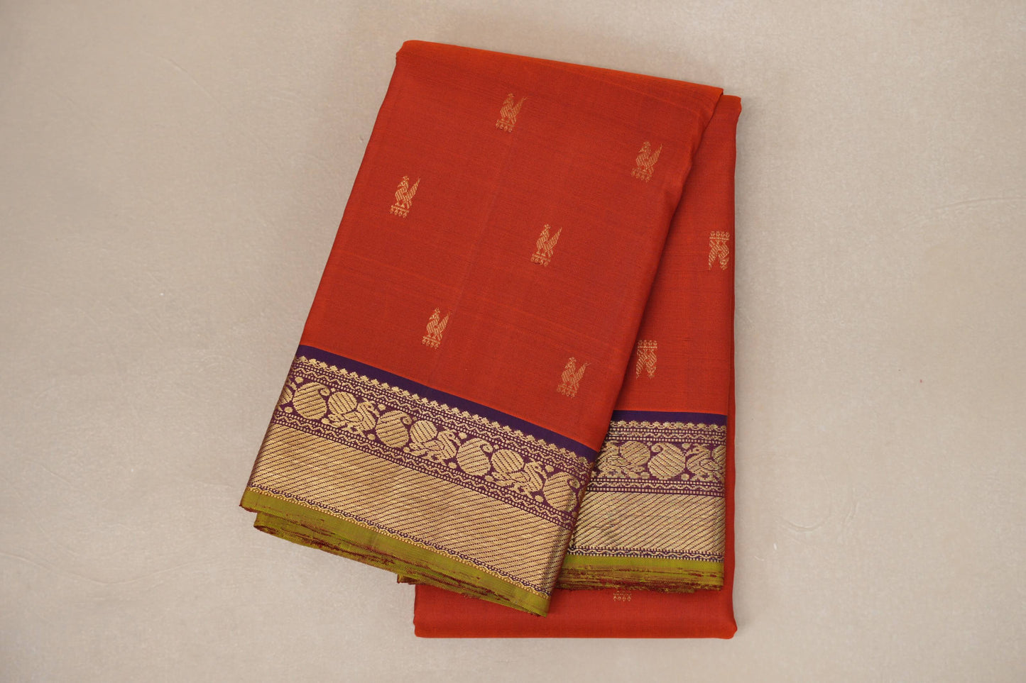 Rust Orange with Royal Purple Borders and Olive Green Selvedge Vintage Kanjivaram Silk Saree SS8926