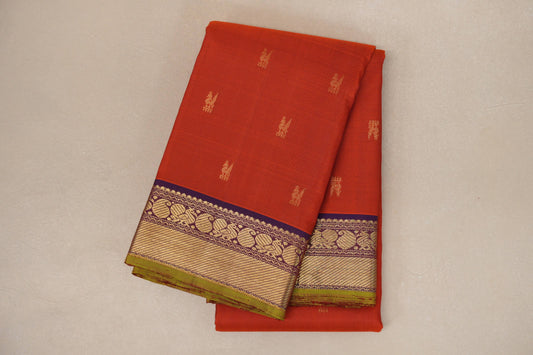 Rust Orange with Royal Purple Borders and Olive Green Selvedge Vintage Kanjivaram Silk Saree SS8926