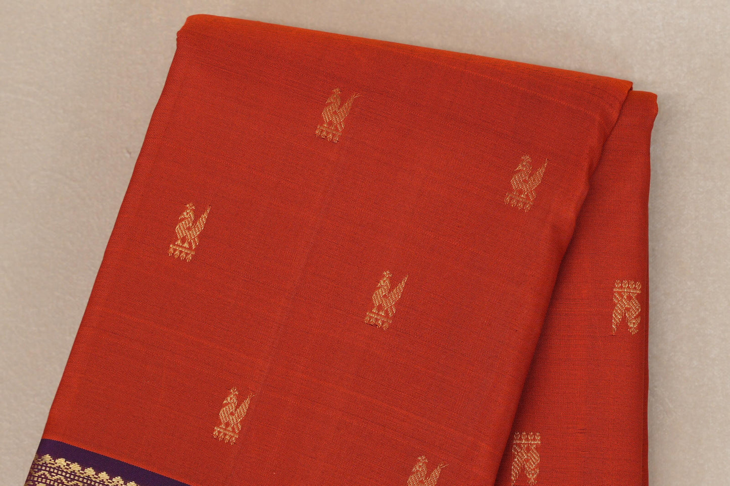 Rust Orange with Royal Purple Borders and Olive Green Selvedge Vintage Kanjivaram Silk Saree SS8926
