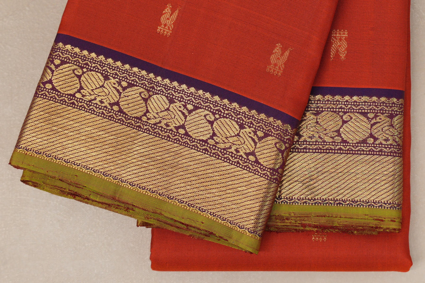 Rust Orange with Royal Purple Borders and Olive Green Selvedge Vintage Kanjivaram Silk Saree SS8926