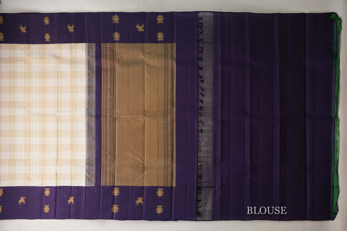 Cream & Warm Olive Green Checks with Deep Purple Borders Vintage Kanjivaram Silk Saree blouse