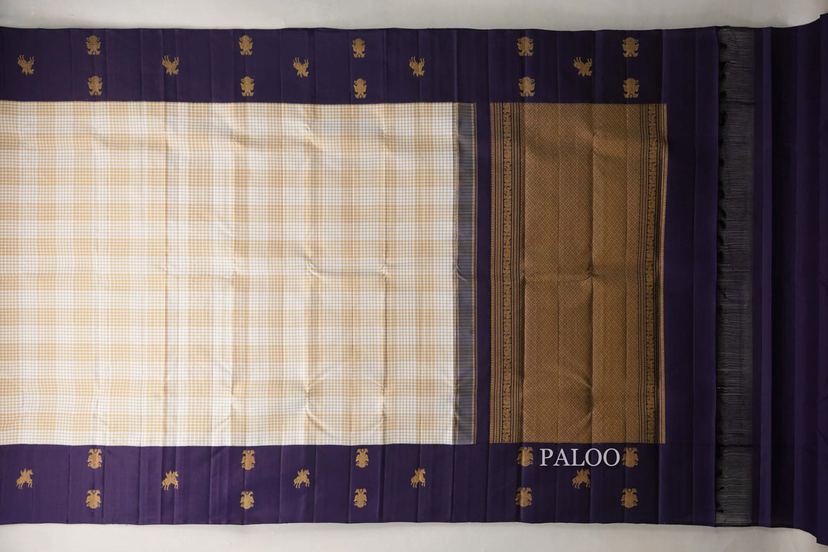 Cream & Warm Olive Green Checks with Deep Purple Borders Vintage Kanjivaram Silk Saree paloo