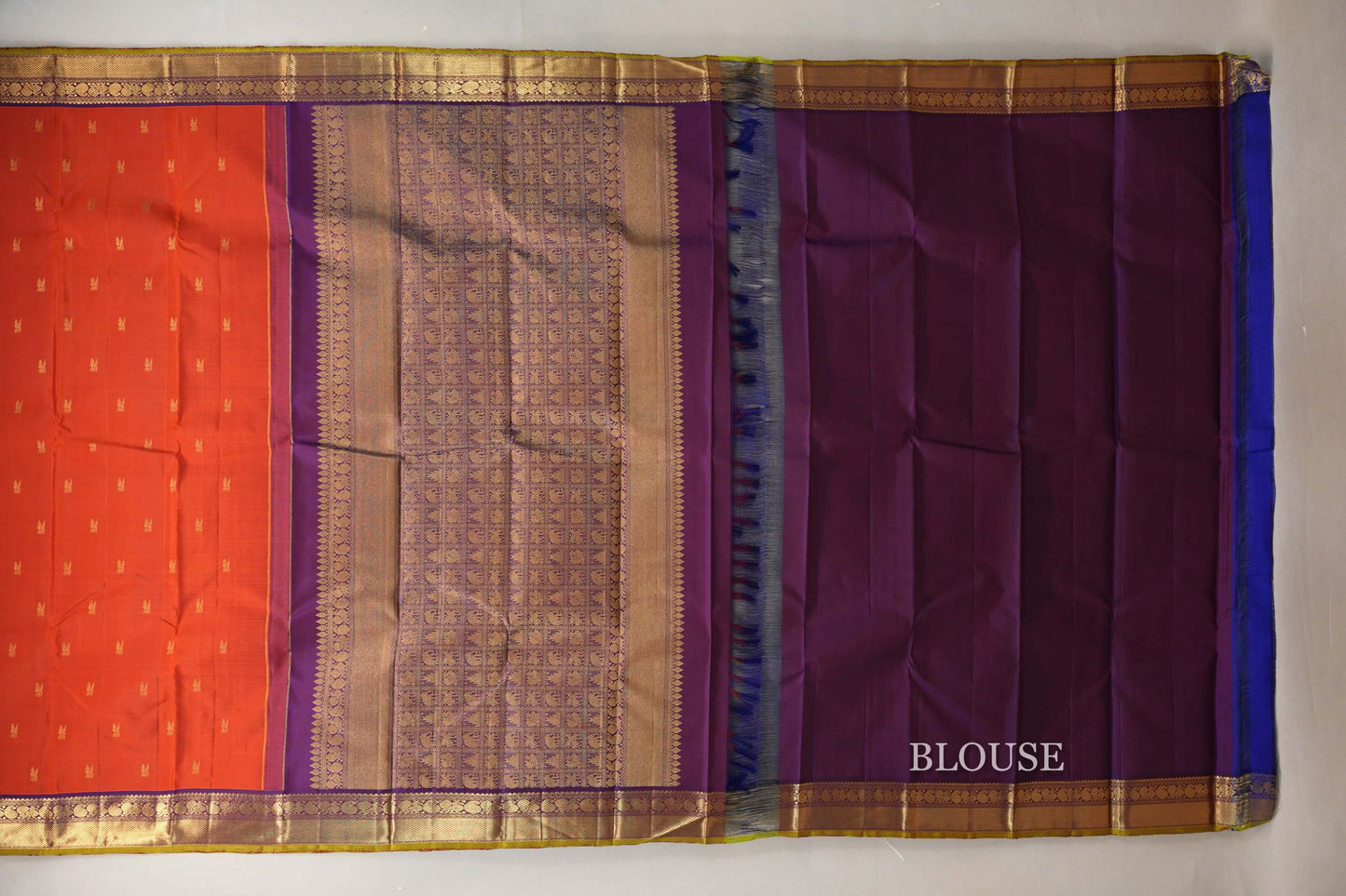 Rust Orange with Royal Purple Borders and Olive Green Selvedge Vintage Kanjivaram Silk Saree SS8926