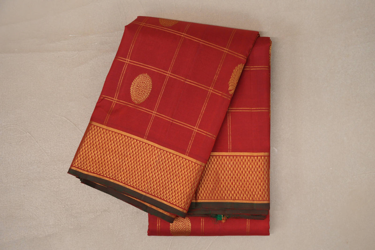 Deep Red with Deep Red & Dark Green Selvedge Borders Vintage Kanjivaram Silk Saree