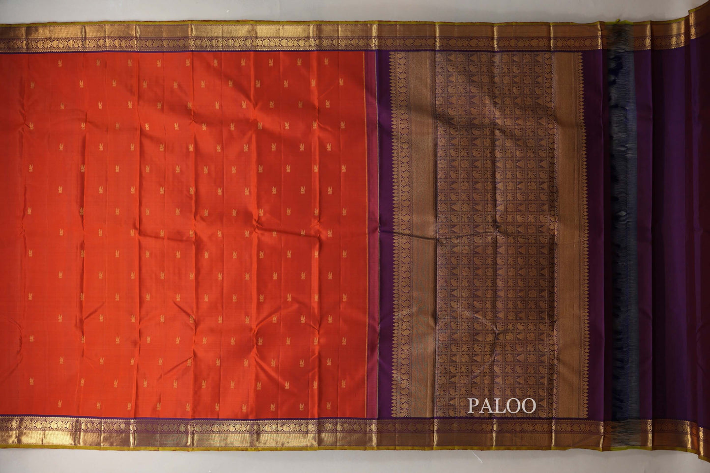 Rust Orange with Royal Purple Borders and Olive Green Selvedge Vintage Kanjivaram Silk Saree SS8926