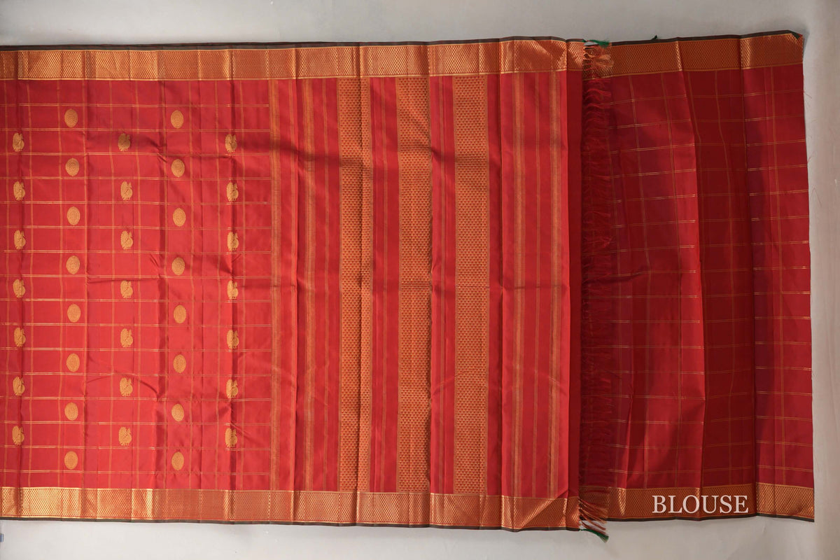 Deep Red with Deep Red & Dark Green Selvedge Borders Vintage Kanjivaram Silk Saree blouse